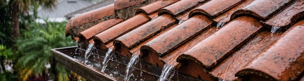 Rainwater flowing off tile roof shingles into a gutter