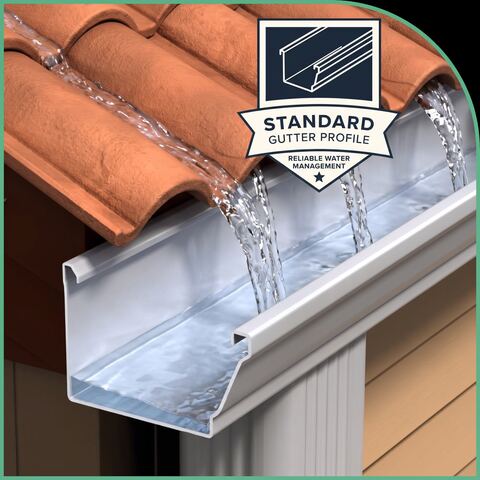 Rainwater flowing off a tile roof into a clogged, standing-water gutter