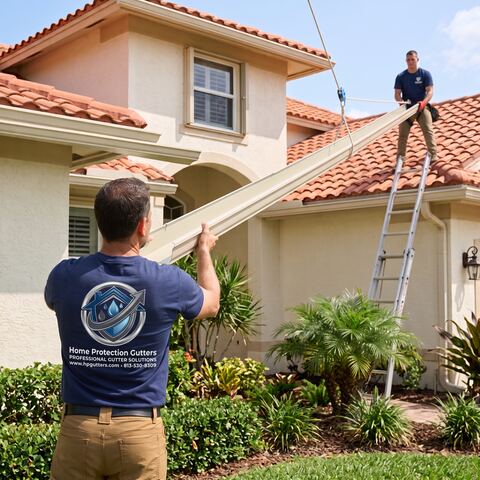 Two Home Protection Gutters installers hoisting a new gutter section up to a tile roof